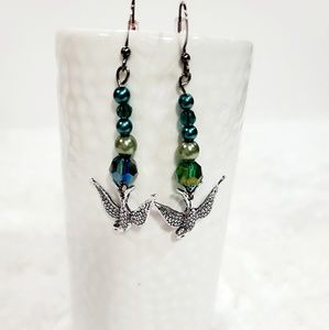 2/$10 Boho Style Earrings w/Bird Charm Green